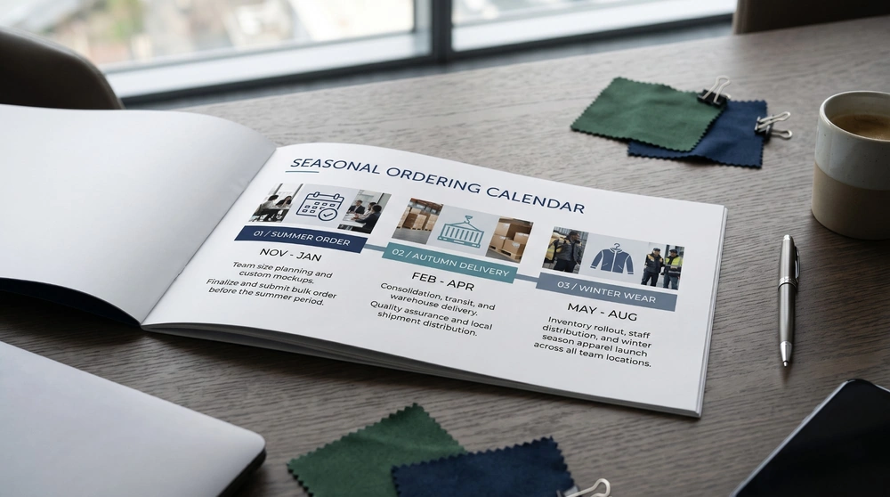 Printed seasonal ordering calendar: order Nov to Jan, delivery Feb to Apr, winter wear May to Aug