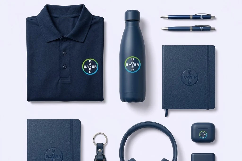 Branded pens, hardcover notebooks, insulated bottle and keyring in one navy brand colour