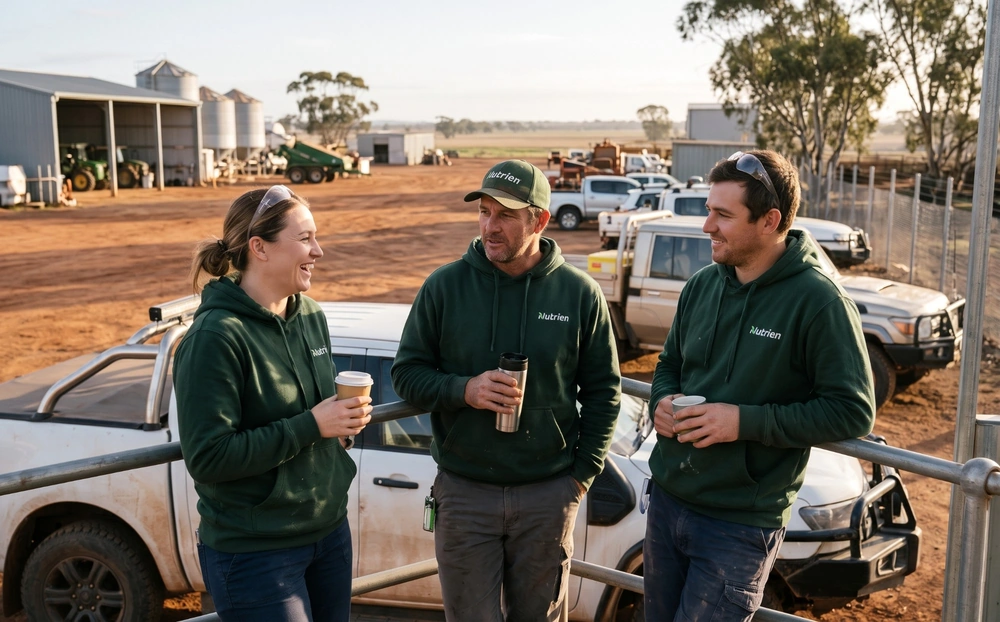 Three Nutrien staff in matching green embroidered hoodies sharing a coffee at a farm depot