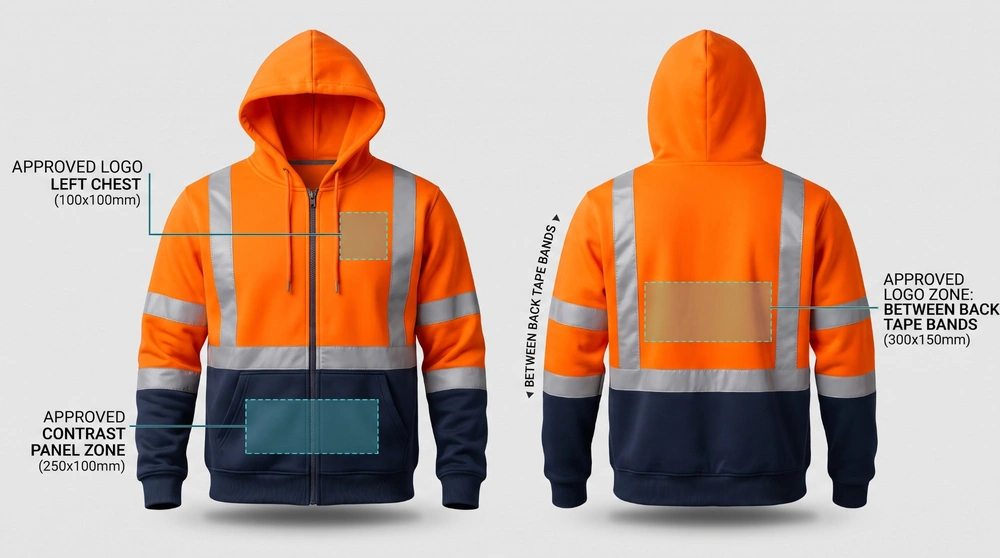 Orange and navy hi-vis hoodie, front and back, with logo zones marked on the left chest, front contrast panel and between the back tape bands