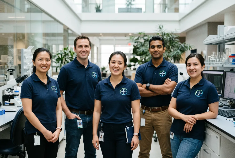 Bayer team wearing custom embroidered polo shirts