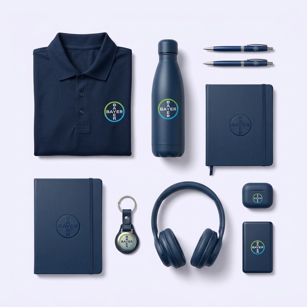 Bayer branded polo, drink bottle, notebooks, pens and tech accessories