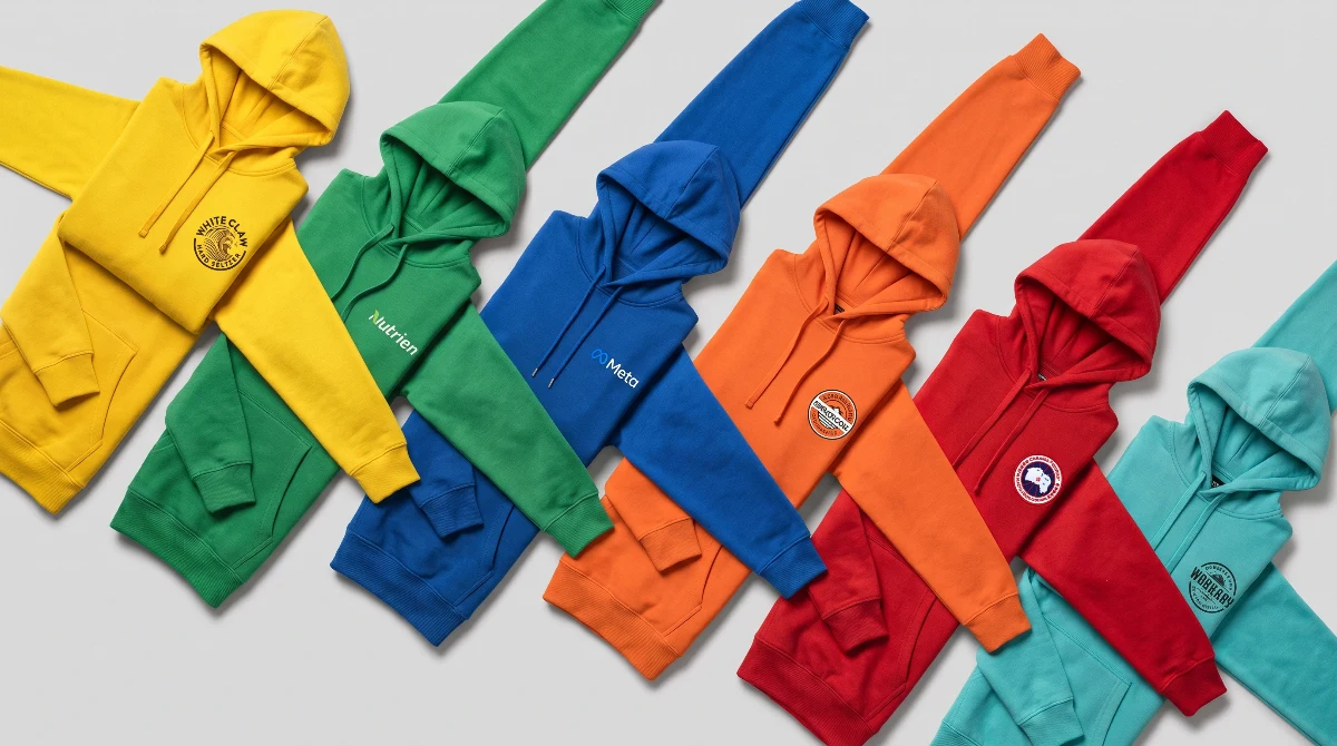 Six custom printed hoodies in yellow, green, blue, orange, red and teal, each with a client logo