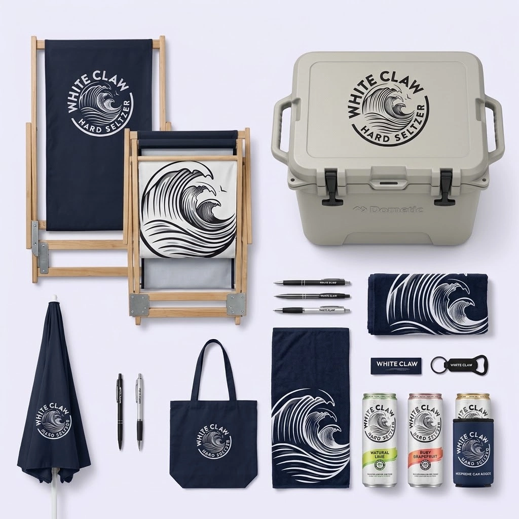 Flatlay of custom merchandise and promotional products for a drinks brand