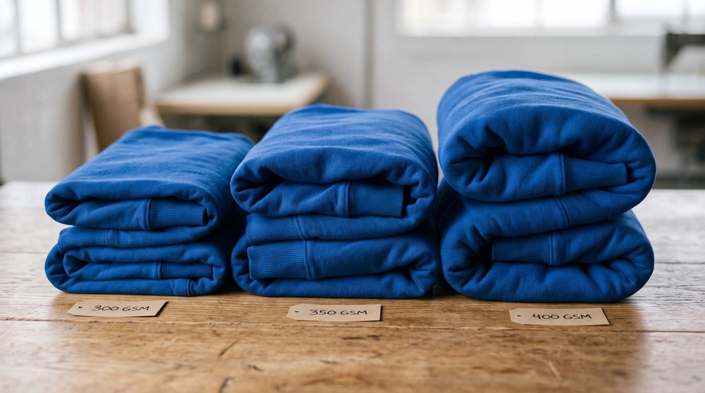 Three folded blue hoodies labelled 300, 350 and 400 GSM, increasing in thickness