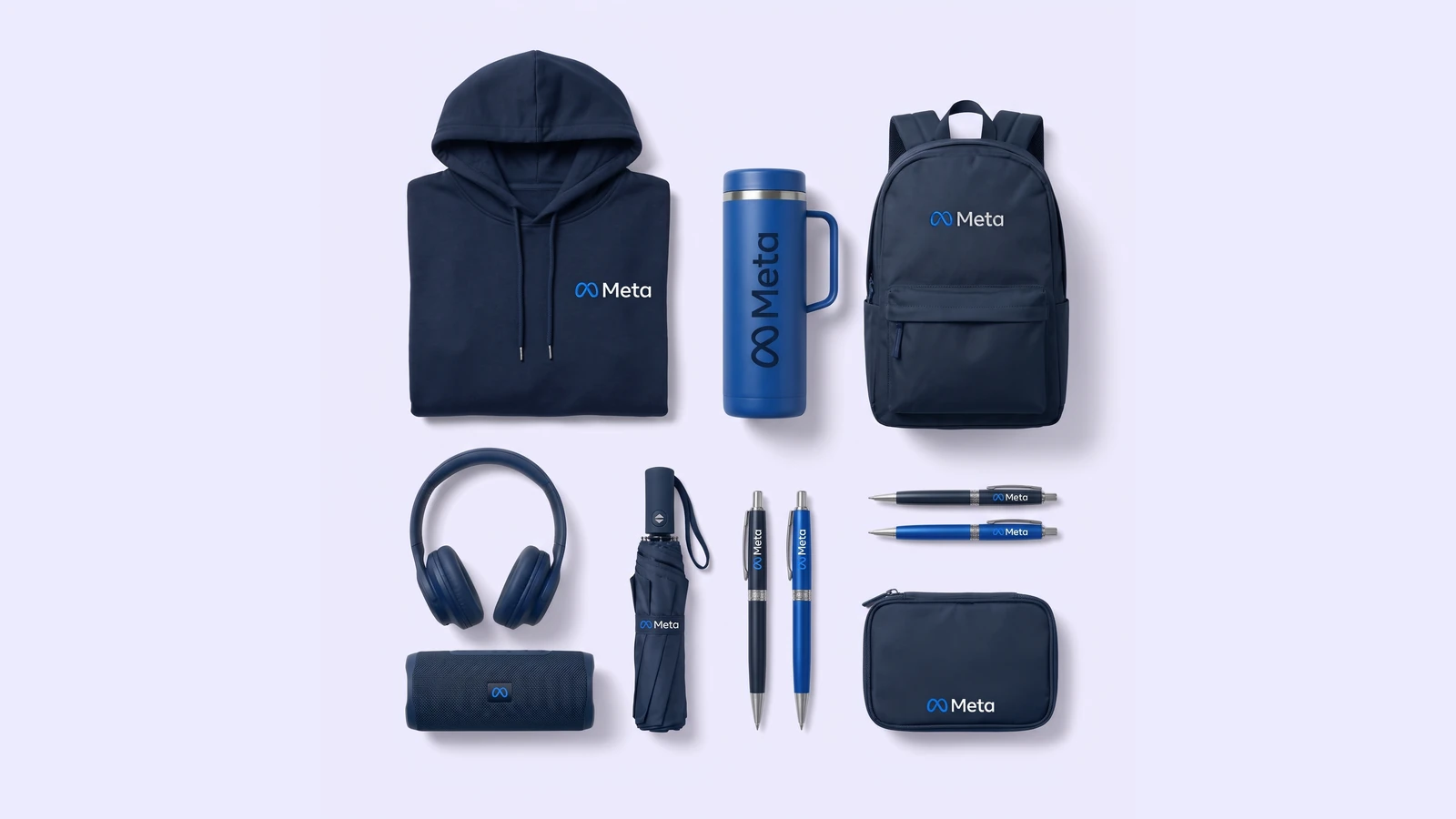 Branded hoodie, insulated mug, backpack, headphones, speaker, umbrella, pens and tech pouch in one navy colourway