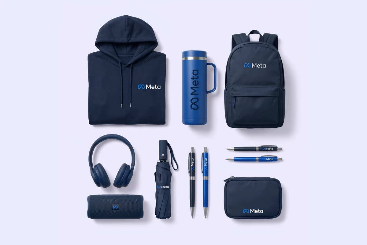 Branded hoodie, insulated mug, backpack, headphones, umbrella, pens and tech pouch in one navy colourway